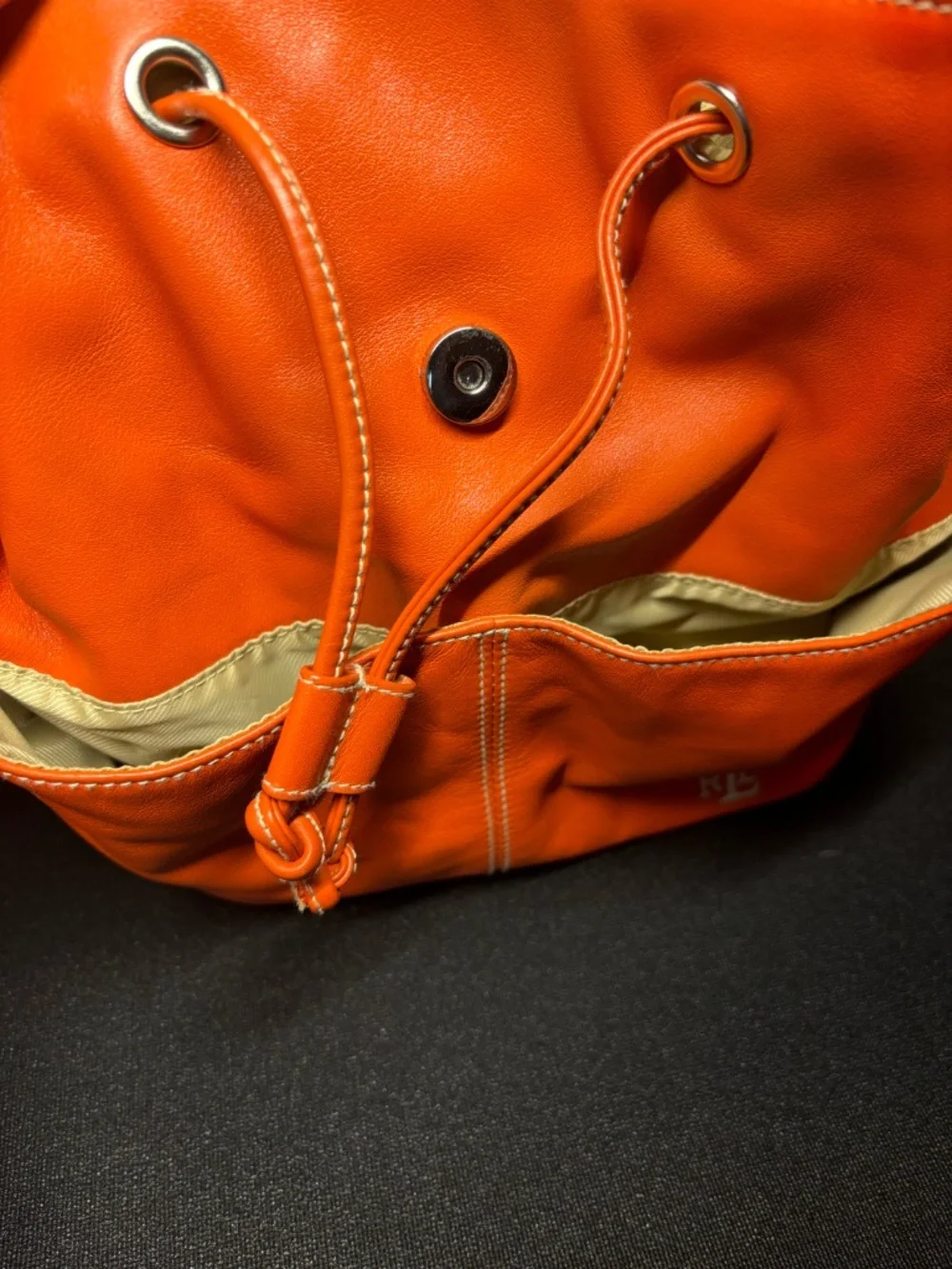 Lauren Ralph Lauren Orange Leather Drawstring Backpack Bag RL Logo